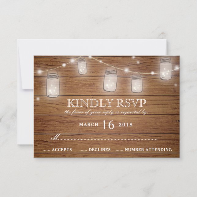 Rustic Wood Mason Jar String Lights Wedding RSVP Card (Front)