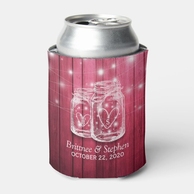 Rustic Wood Mason Jar String Lights Wedding Shower Can Cooler (Can Front)