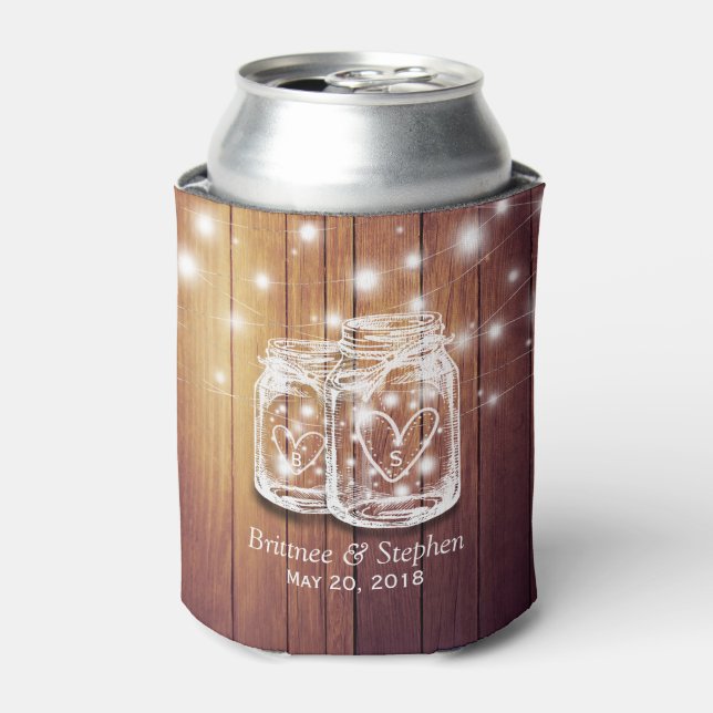 Rustic Wood Mason Jar String Lights Wedding Shower Can Cooler (Can Front)