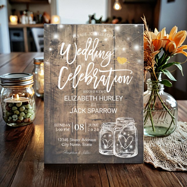 Rustic Wood Mason Jar String Lights Wedding Shower Invitation (Creator Uploaded)