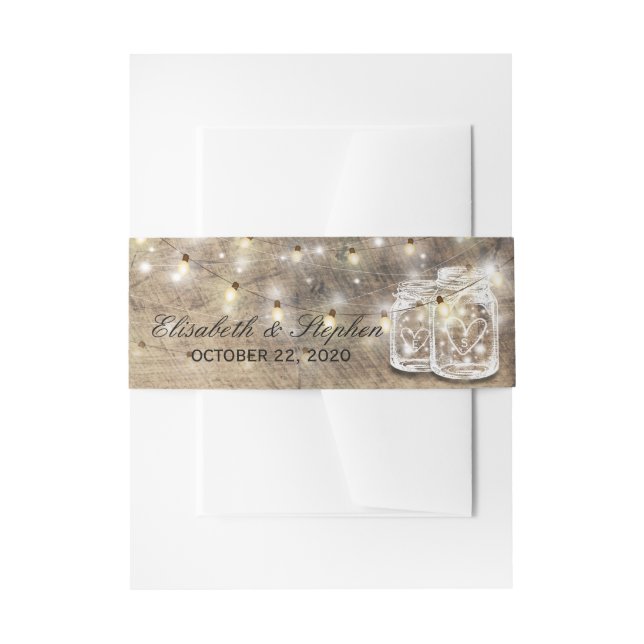 Rustic Wood Mason Jar String Lights Wedding Shower Invitation Belly Band (Front Example)