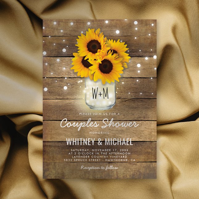 Rustic Wood Mason Jar Sunflowers Lights Wedding Invitation (Creator Uploaded)