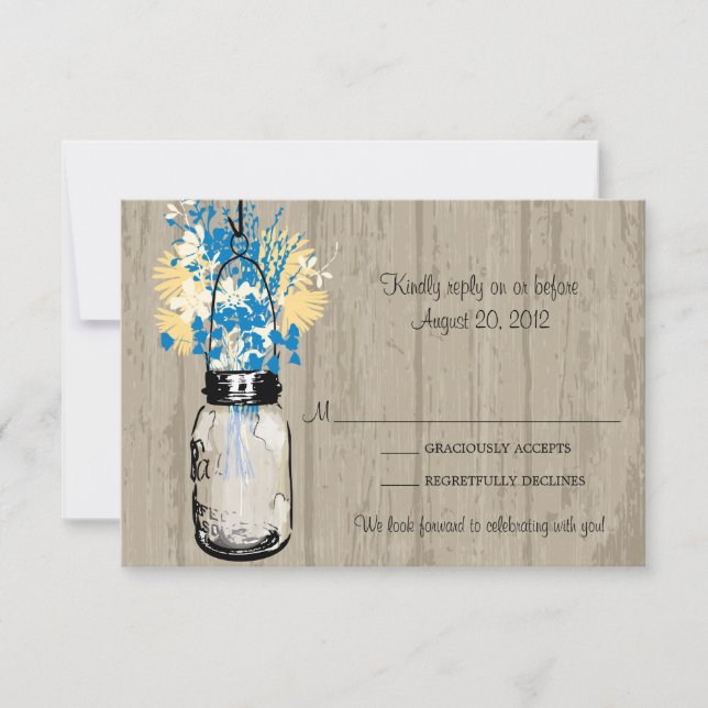 Rustic Wood Mason Jar & Wildflowers RSVP Card (Front)
