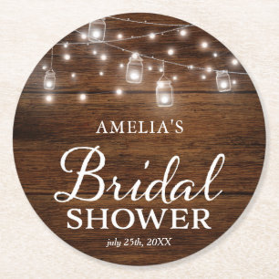 Rustic Wood Mason Jars and Lights Bridal Shower Round Paper Coaster
