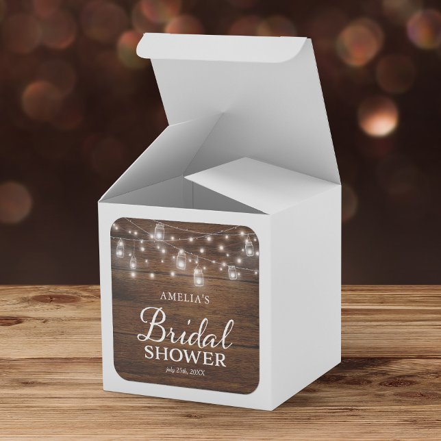 Rustic Wood Mason Jars and Lights Bridal Shower Square Sticker (Creator Uploaded)