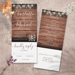 Rustic Wood Mason Jars Lights All In One Wedding Invitation
