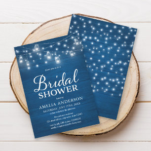 Rustic Wood Mason Jars Lights Blue Bridal Shower Invitation