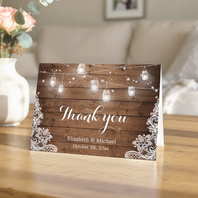 Rustic Wood Mason Jars Lights Lace Thank You Card (Creator Uploaded)