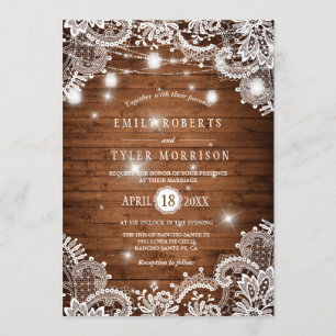 Rustic Wood Mason Jars String Lights Lace Wedding Invitation