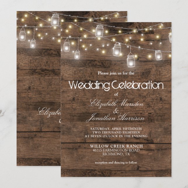 Rustic Wood Mason Jars String Lights Wedding Invitation (Front/Back)