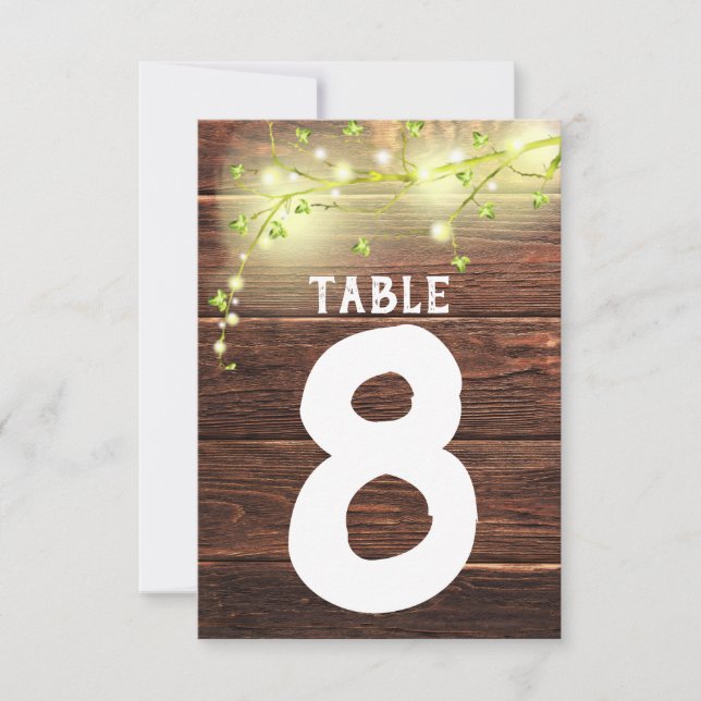 Rustic Wood Mason String Lights Tree Table Number (Front)