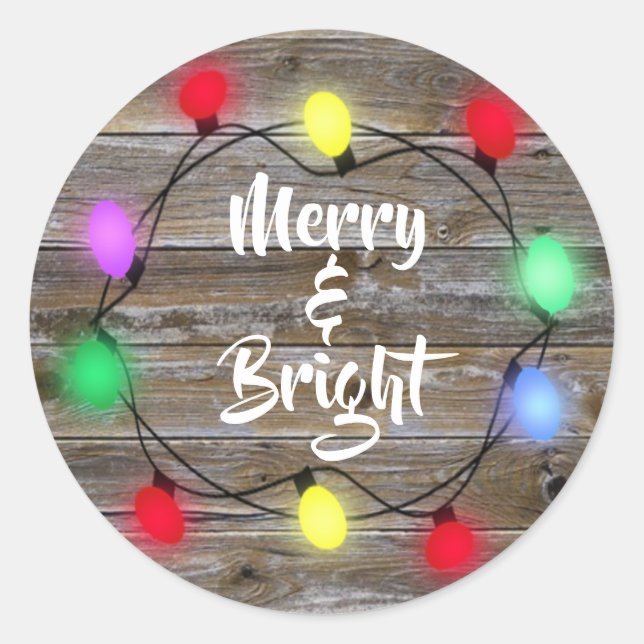 Rustic Wood Merry and Bright Christmas Lights Classic Round Sticker (Front)