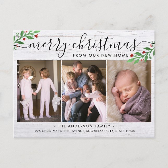 Rustic Wood Merry Christmas 3 Photo Holiday Moving Announcement Postcard (Front)