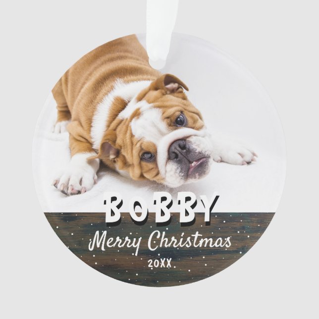 Rustic Wood Merry Christmas Dog Puppy Pet Photo Ornament (Front)