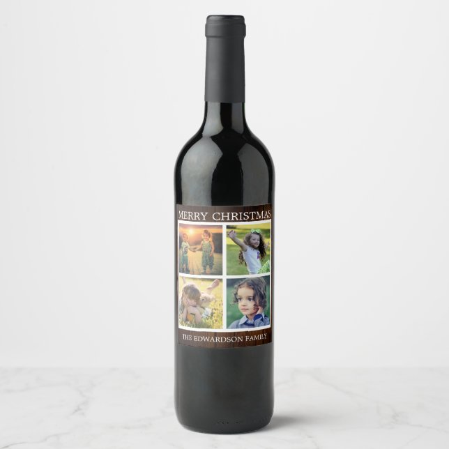 Rustic wood Merry Christmas family photo collage Wine Label (Front)