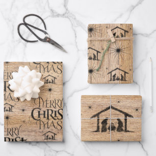 Rustic Wood Merry CHRISTmas Nativity Christian Wrapping Paper Sheet