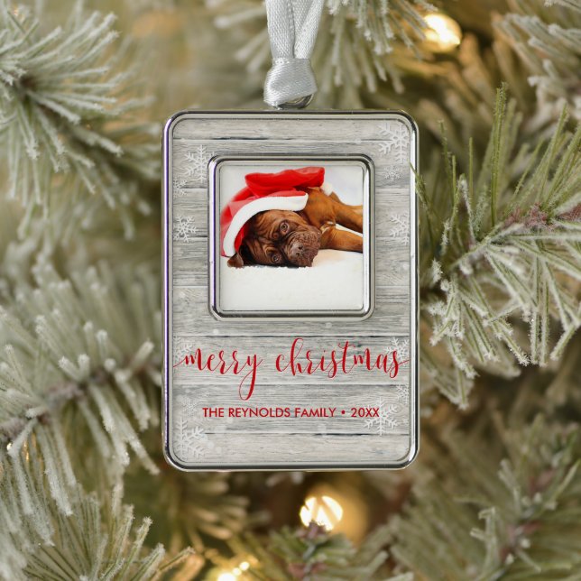Rustic Wood Merry Christmas Photo Framed Ornament (Tree)