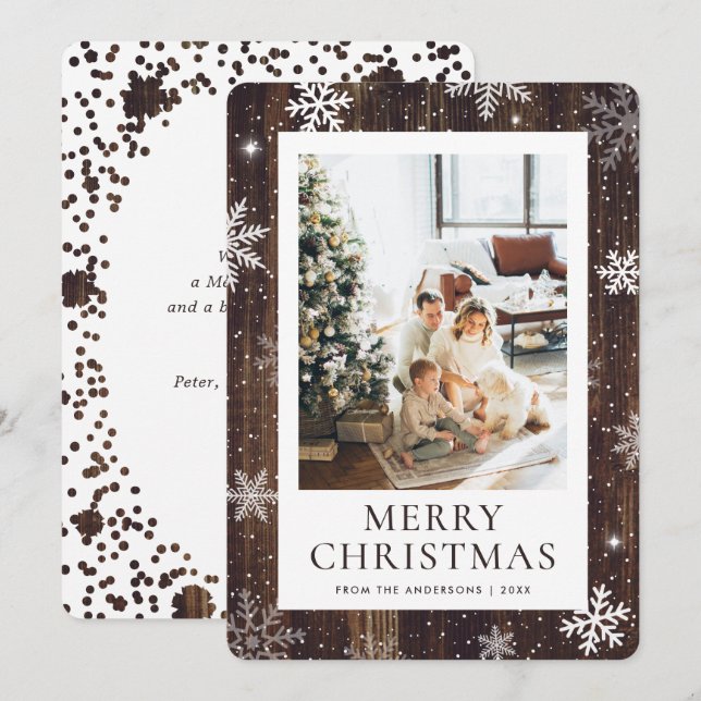 Rustic Wood Merry Christmas Snowflake Snow Photo Holiday Card (Front/Back)