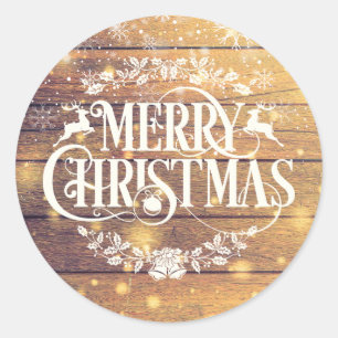 Rustic Wood Merry Christmas Snowflakes Classic Round Sticker