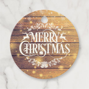 Rustic Wood Merry Christmas Snowflakes Favour Tags