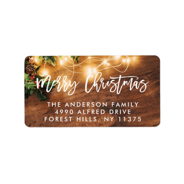 Rustic Wood Merry Christmas String Lights Holiday Label (Front)