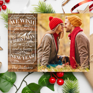 Rustic Wood Merry Christmas Typography Photo Holiday Card