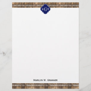 Rustic Wood Metal Band Navy Quatrefoil 3 Monogram