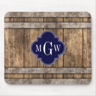 Rustic Wood Metal Band Navy Quatrefoil 3 Monogram Mouse Pad