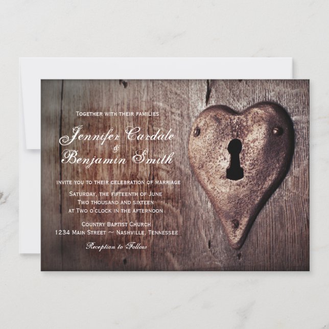 Rustic Wood Metal Heart Lock Wedding Invitations (Front)