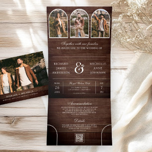 Rustic Wood Minimal Arch Photo QR code Wedding Tri-Fold Invitation