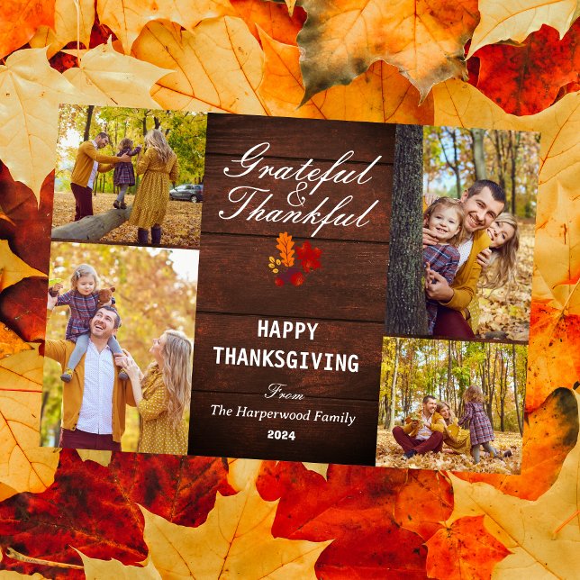 Rustic Wood Modern Fall thanksgiving family photo Holiday Card (Creator Uploaded)