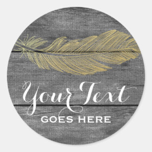 Rustic Wood & Modern Gold Feather Bohemian Chic Classic Round Sticker