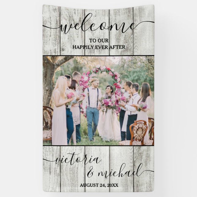 Rustic wood modern wedding photo picture Welcome Banner (Vertical)