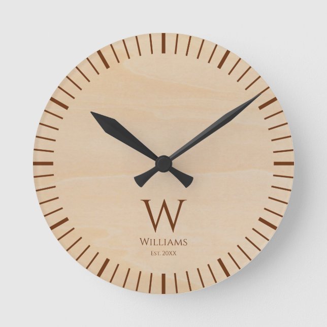 Rustic Wood Monogram Brown Initial and Custom Name Round Clock (Front)