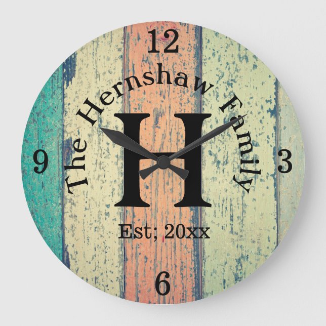 Rustic Wood Monogram Family Large Clock (Front)