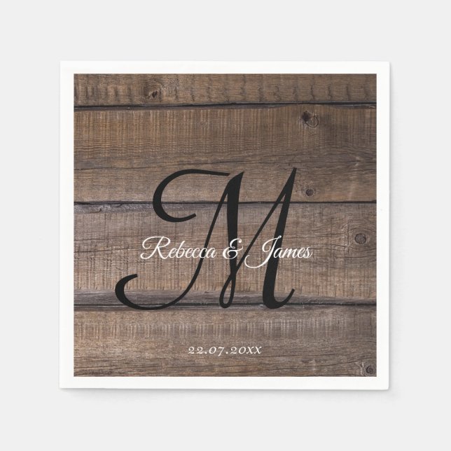 Rustic Wood Monogram Name Script Wedding Party  Napkin (Front)