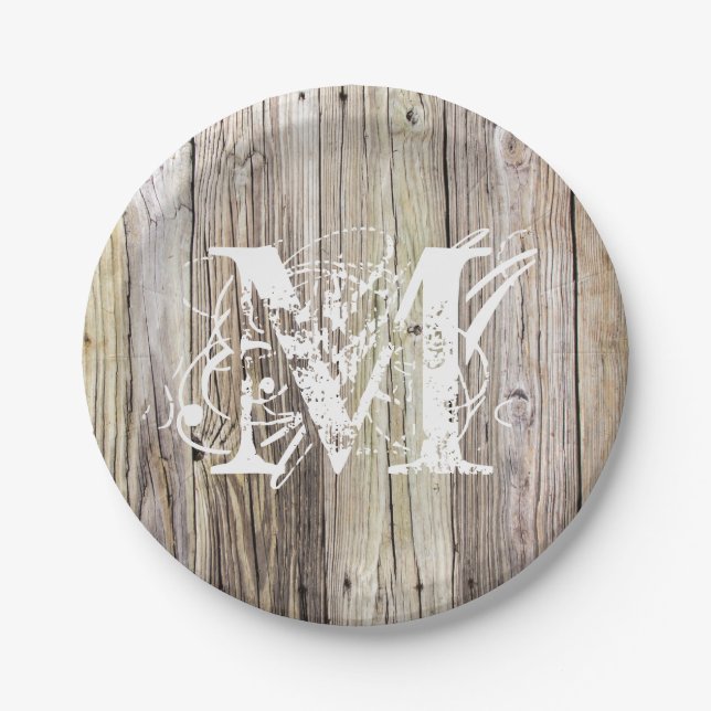 Rustic Wood Monogrammed Paper Plates (Front)