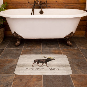 Rustic Wood Moose Family Name Shower Curtain Bath Mat