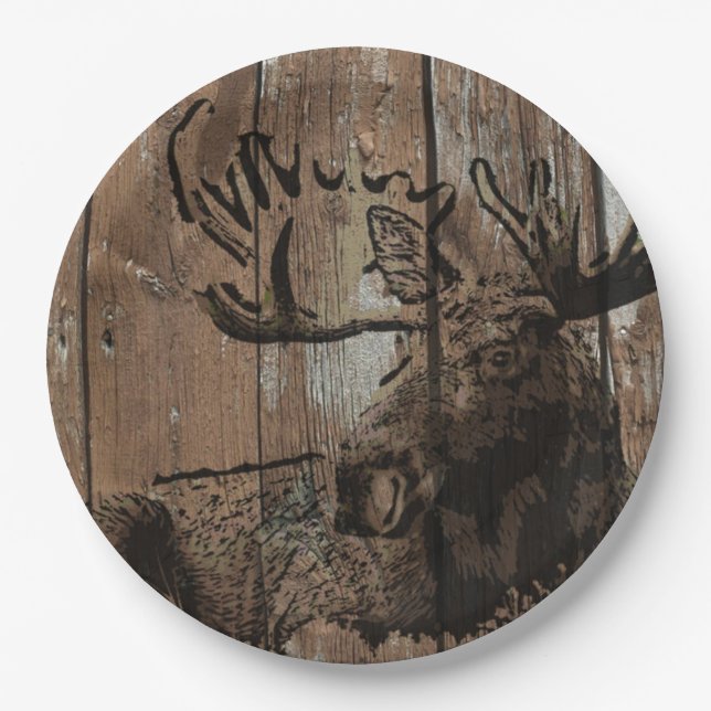 Rustic wood moose paper plates (Front)