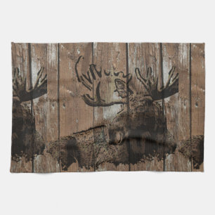 Rustic wood moose tea towel