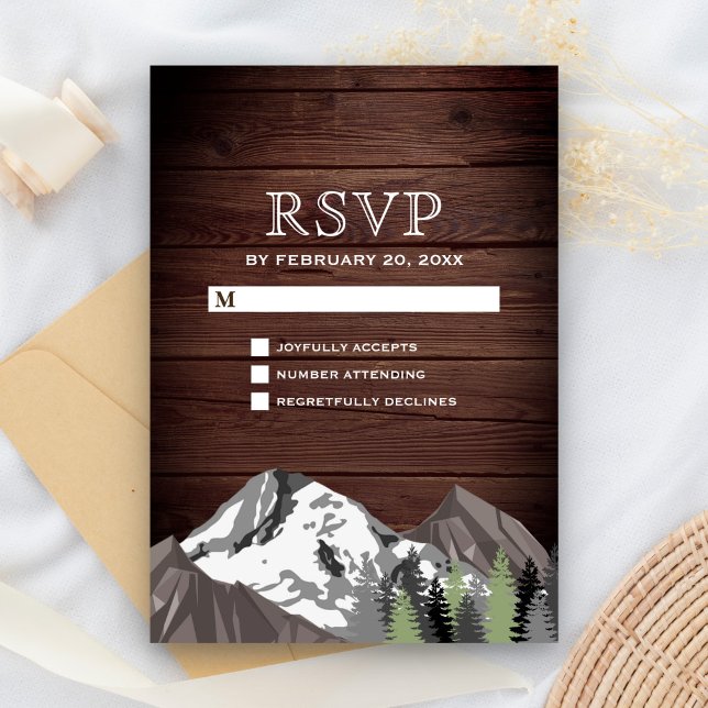 Rustic Wood Mountain Forest Wedding RSVP Card (Creator Uploaded)