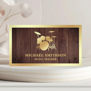 Rustic Wood Music Teacher Gold Drum Kit Drummer Business Card