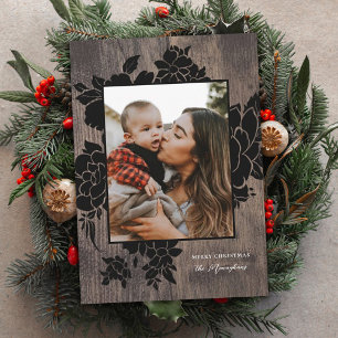Rustic Wood Natural Floral Photo Christmas Holiday Card