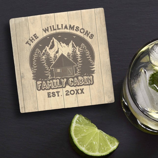 Rustic Wood Nature Family Cabin Brown Name Reunion Stone Coaster (Creator Uploaded)
