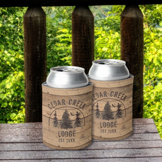 Rustic Wood Nature Trees Cabin Lodge Personalised Can Cooler (Creator Uploaded)