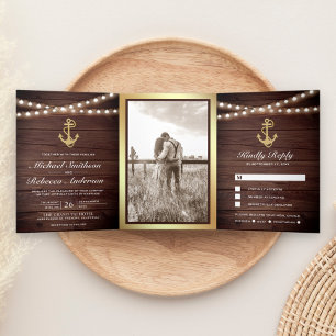 Rustic Wood Nautical Gold Anchor Lights Wedding Tri-Fold Invitation