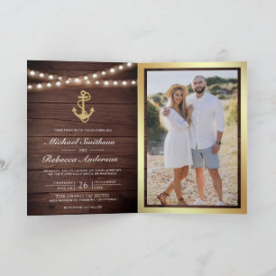 Rustic Wood Nautical Gold Anchor QR Code Wedding Invitation