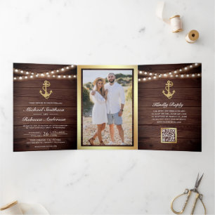 Rustic Wood Nautical Gold Anchor QR Code Wedding Tri-Fold Invitation