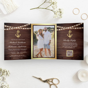 Rustic Wood Nautical Gold Anchor QR Code Wedding Tri-Fold Invitation