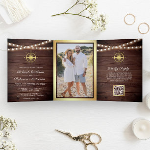 Rustic Wood Nautical Gold Compass QR Code Wedding Tri-Fold Invitation